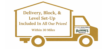 Gold icon of a truck containing text: Delivery, Block, & Level Set-Up Included In All Our Prices! Within 30 Miles.