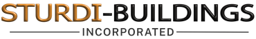 STURDI-BUILDINGS INCORPORATED logo with brown and black text on a white background