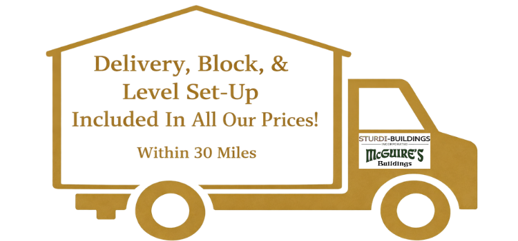 Gold outline of a truck with text: Delivery, Block, & Level Set-Up Included In All Our Prices! Within 30 Miles.