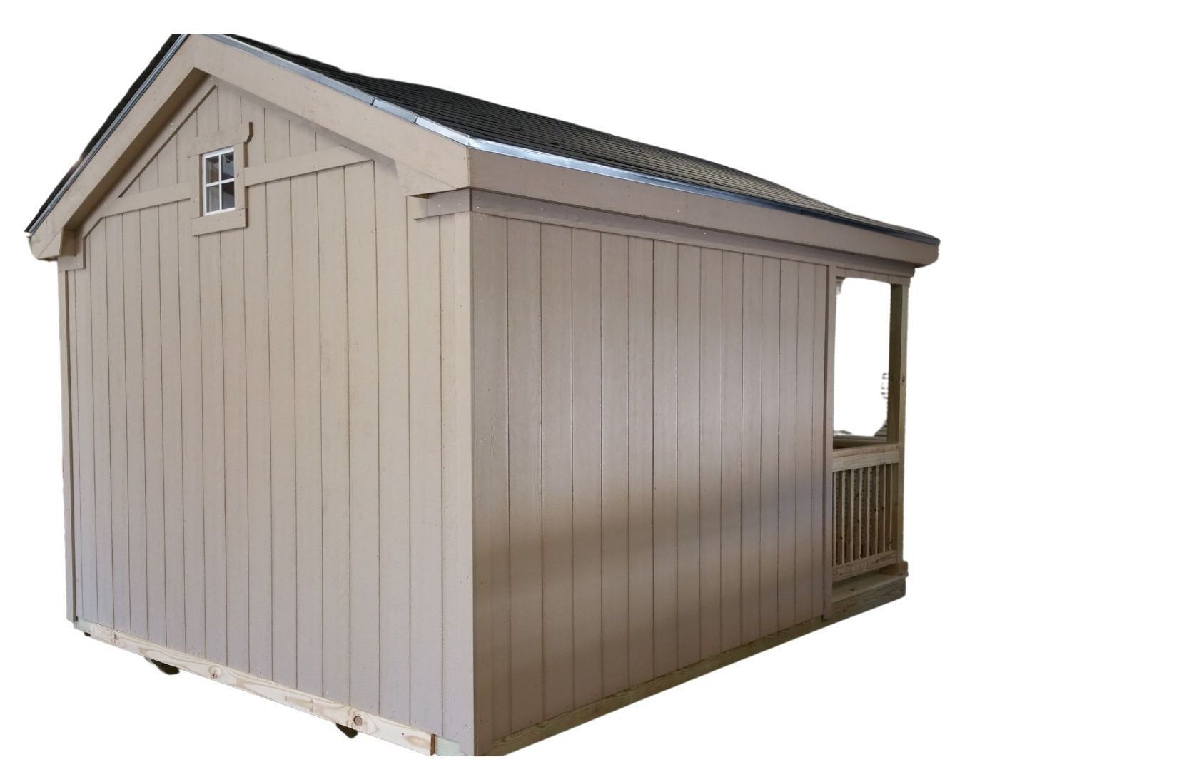 A shed with a porch and a window on a white background.