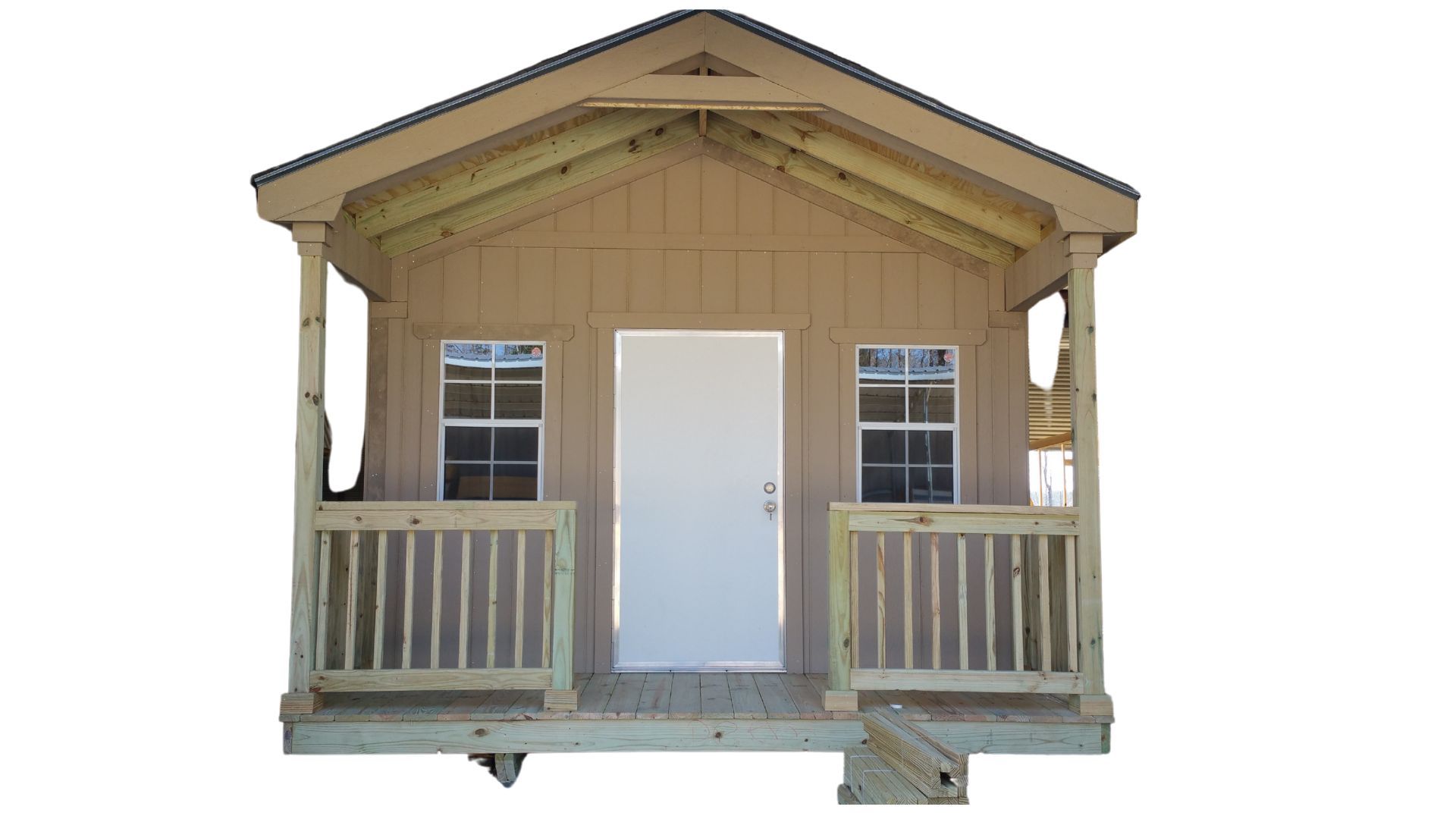 A small wooden house with a porch and a white door.