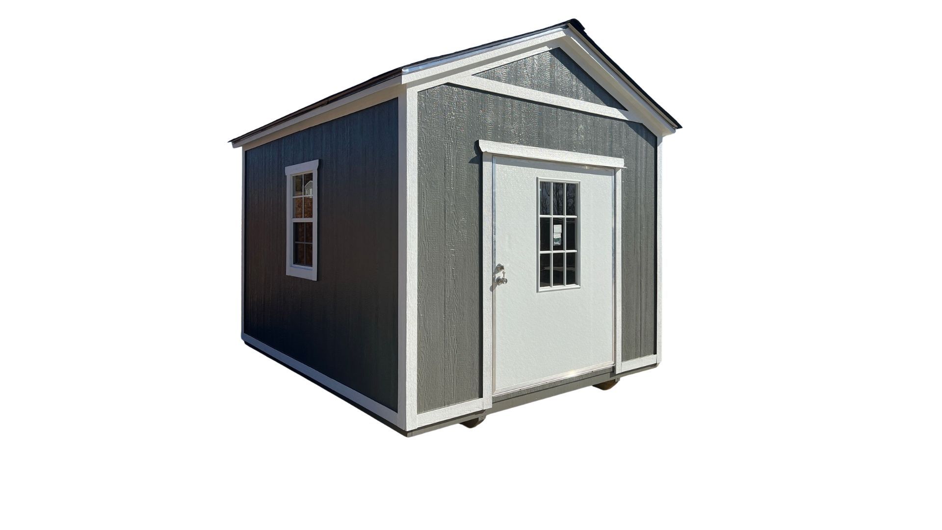 A small metal shed with two windows and a door on a white background.
