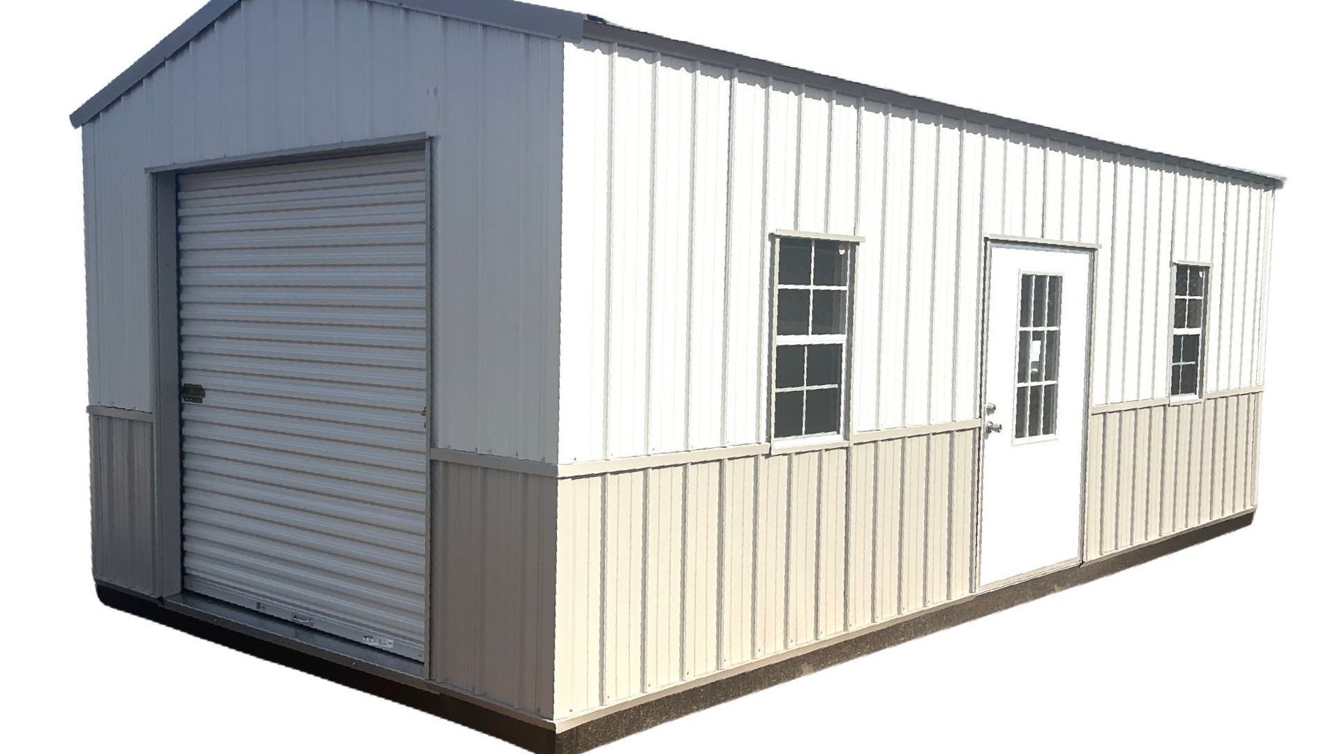 A metal shed with two doors and two windows on a white background