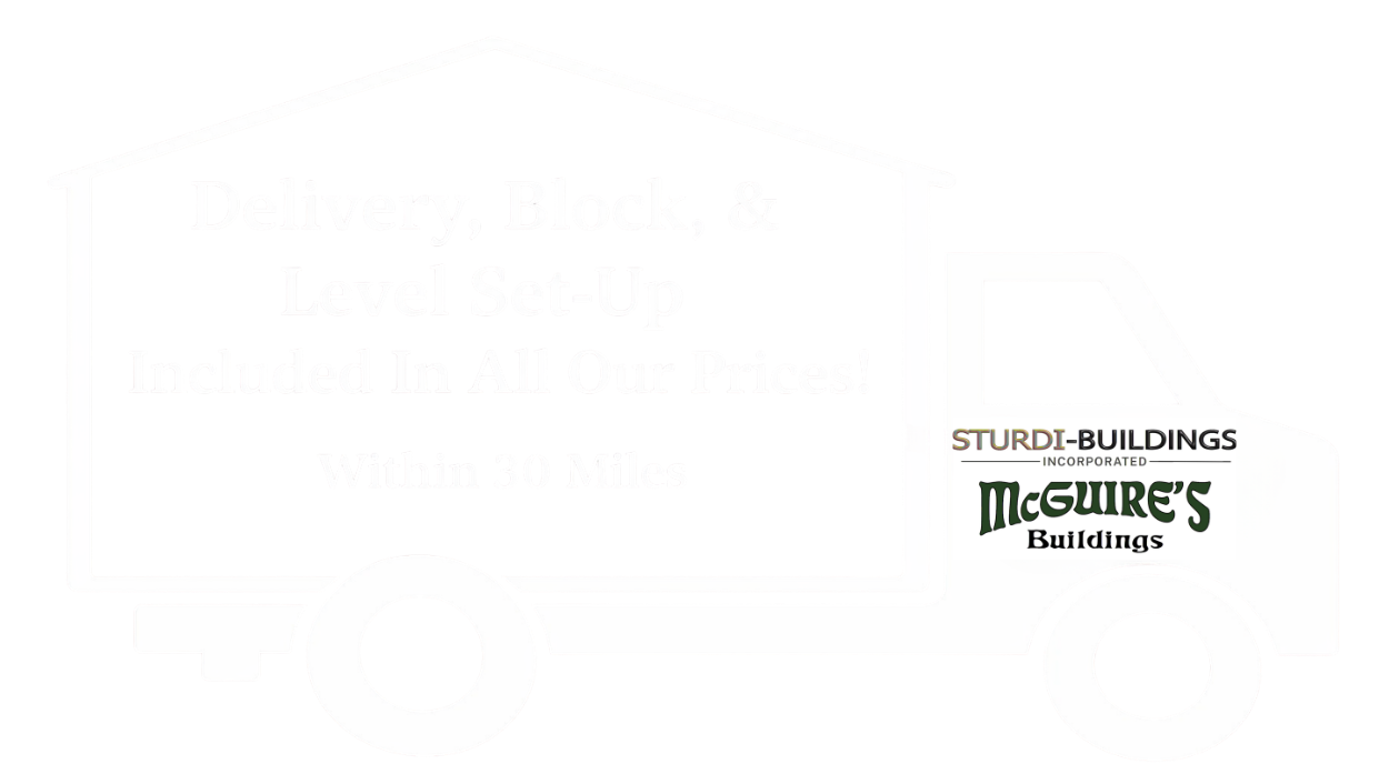 A gold-colored truck icon advertising delivery, block, and level set-up within 30 miles for McGuire's Buildings.
