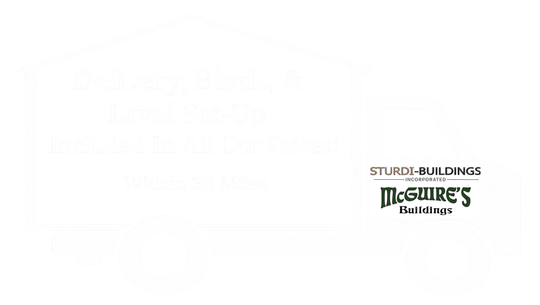 A gold-colored truck icon advertising delivery, block, and level set-up within 30 miles for McGuire's Buildings.