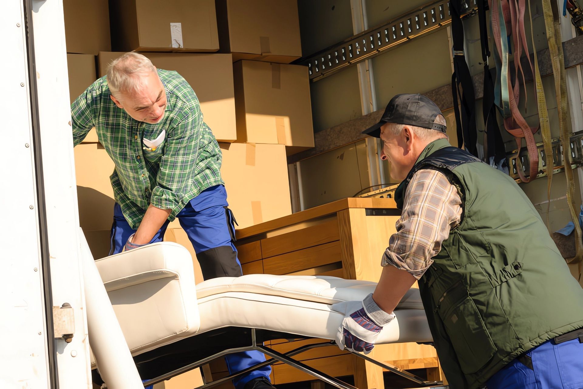 Two Men Are Loading a Chair Into a Truck — Leader Removals & Storage in Mitchell, ACT