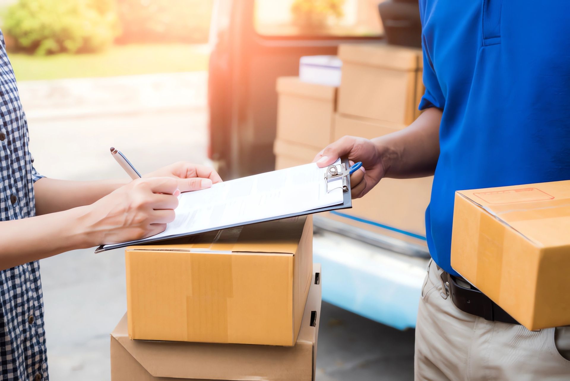 A Delivery Man Is Handing a Clipboard to A Woman — Leader Removals & Storage in Mitchell, ACT