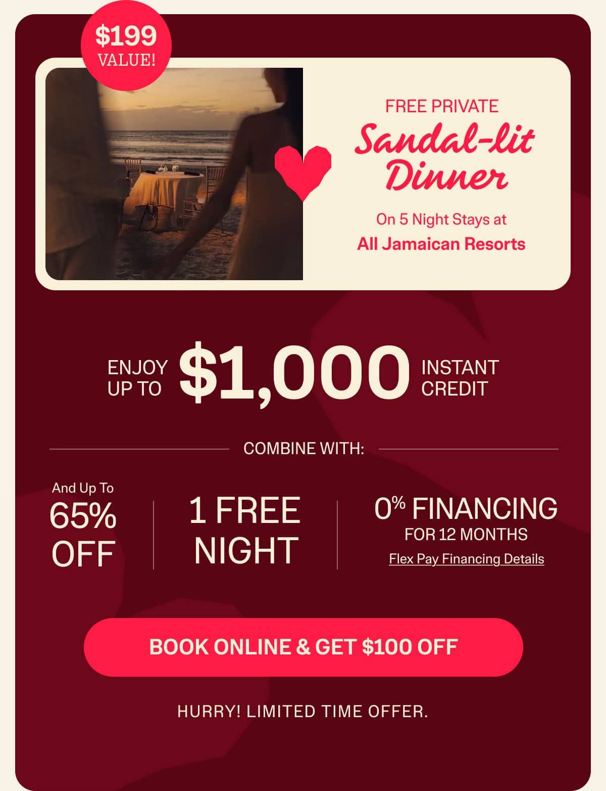 An advertisement for a free private sandal-lit dinner