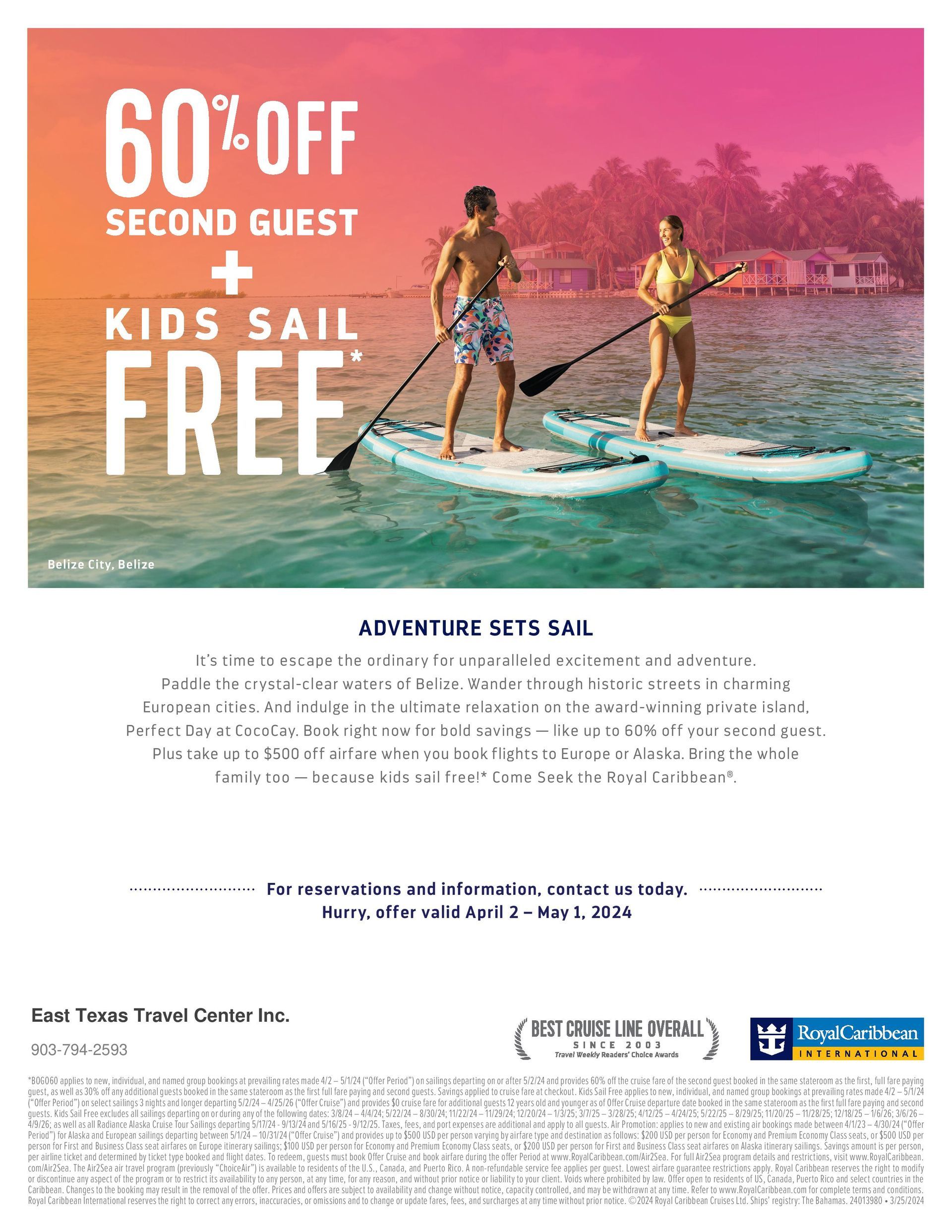 kids sail free; 60percent off second guest; caribbean; Belize; offer expires May 1