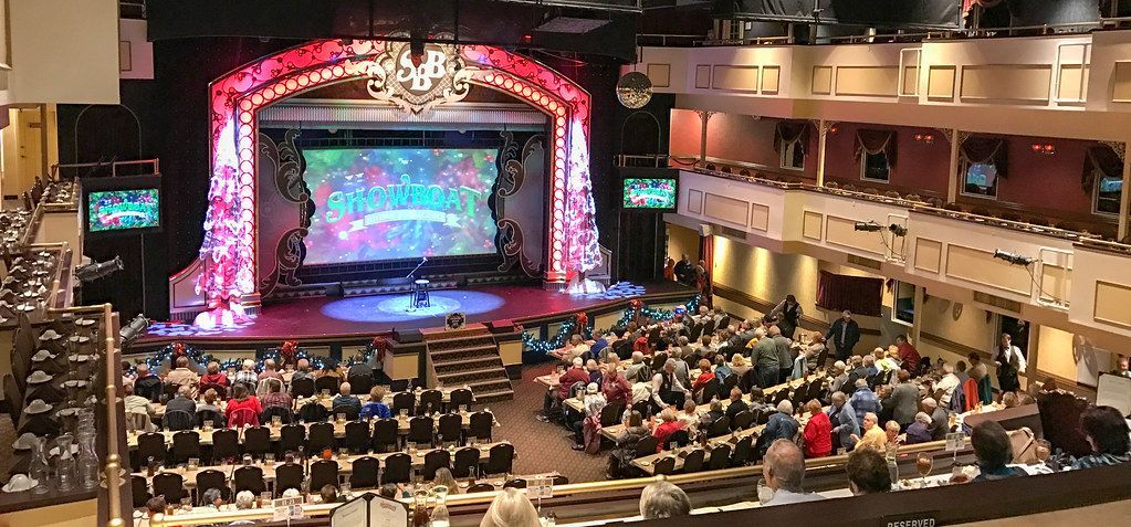A large auditorium filled with people watching a show on a stage.