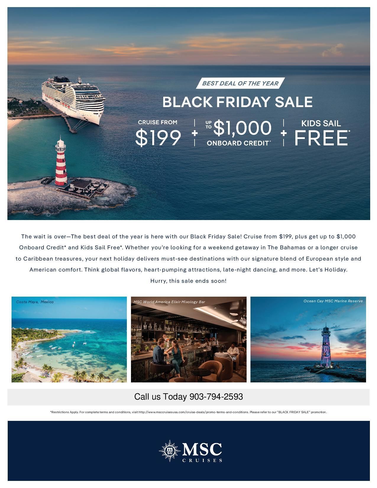 Black Friday sale ad from MSC Cruises, cruise ship near a lighthouse in Caribbean waters. Offers start at $199 + free.