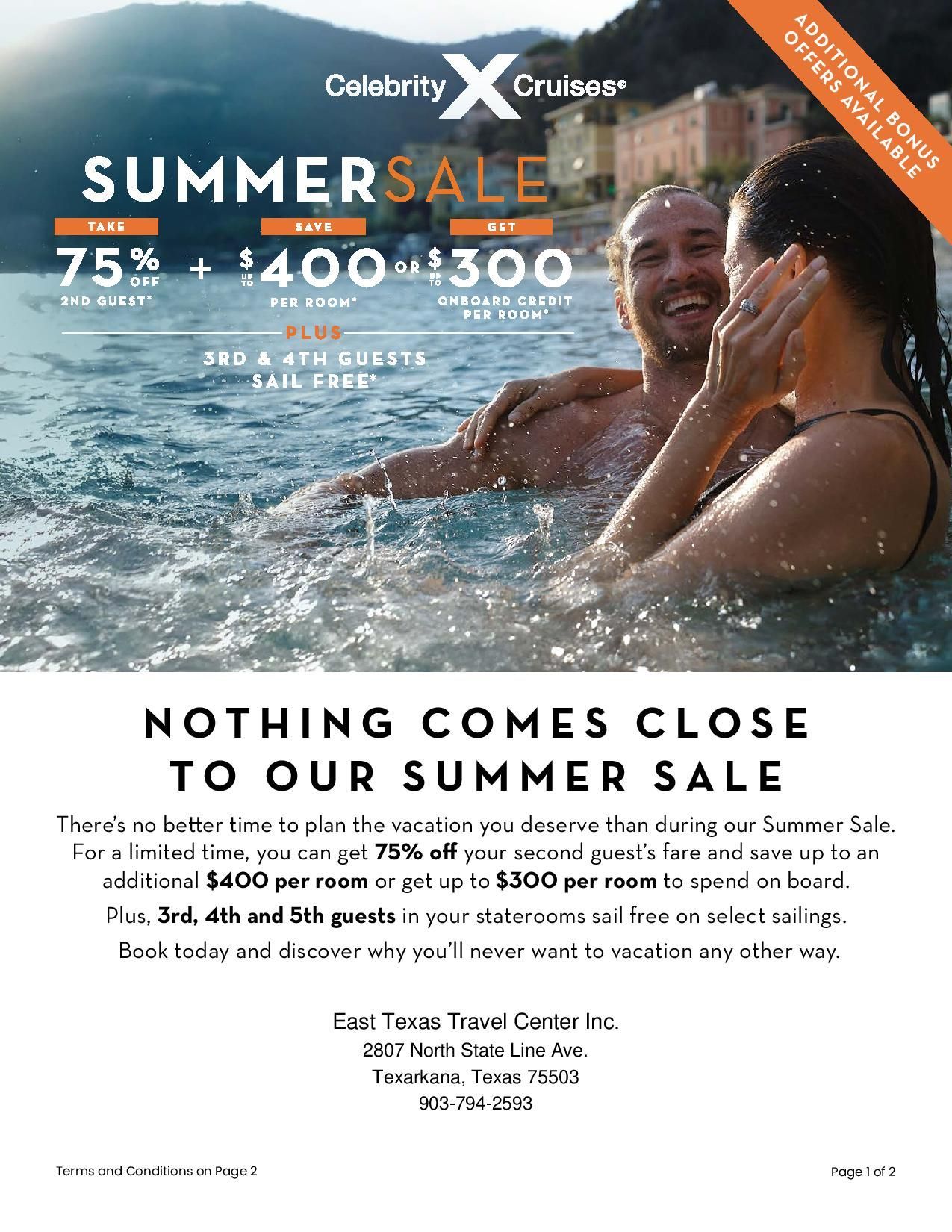 Celebrity Cruises Summer Sale ad: Couple in water, sale text, 