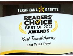 a plaque that says readers choice best of 2021 awards best travel agency in texarkana 
