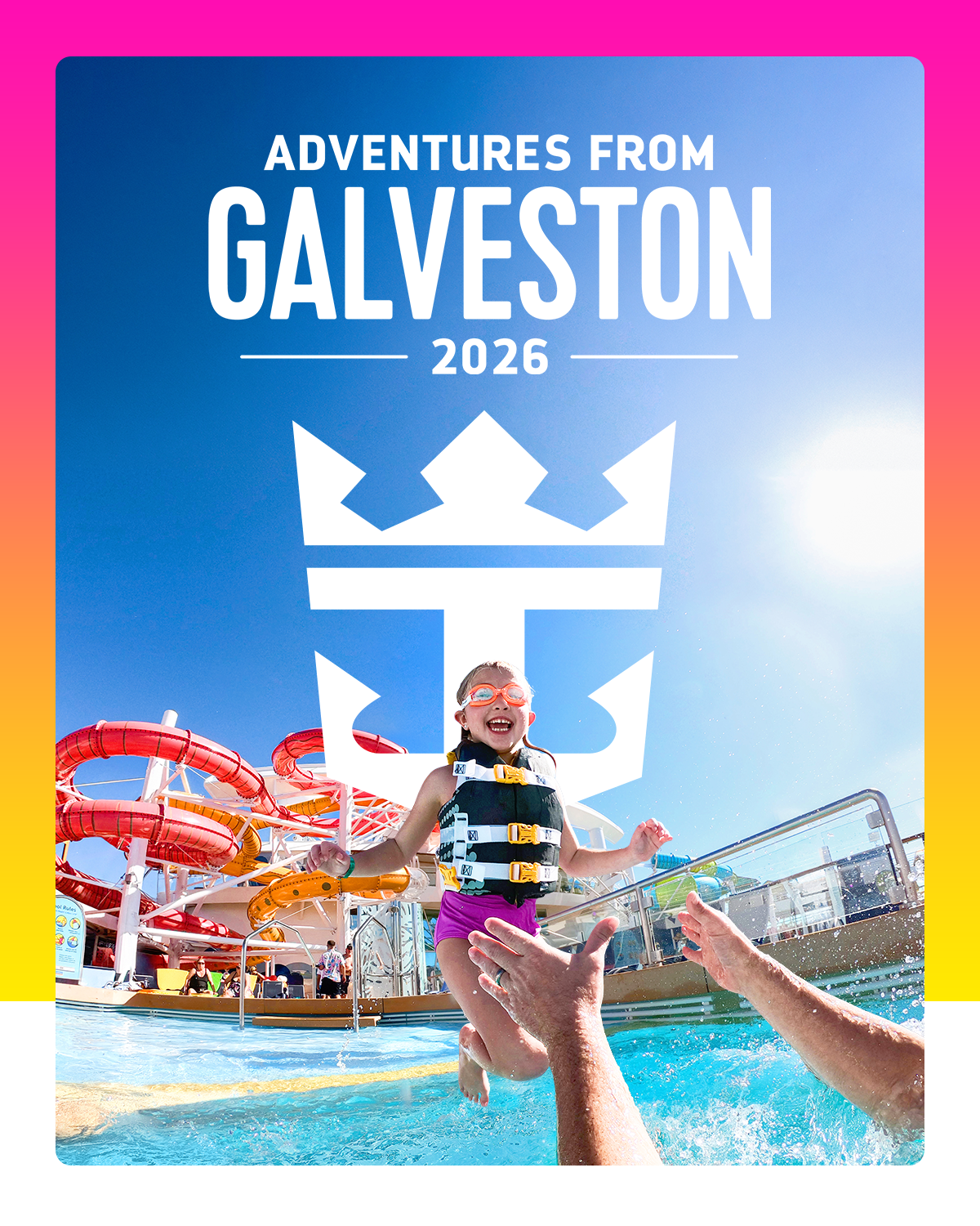 Girl leaping from water slide, Royal Caribbean cruise logo, Galveston 2026.
