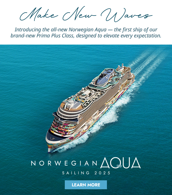 a large cruise ship is floating on top of a body of water . new Norwegian Aqua; prima plus class
