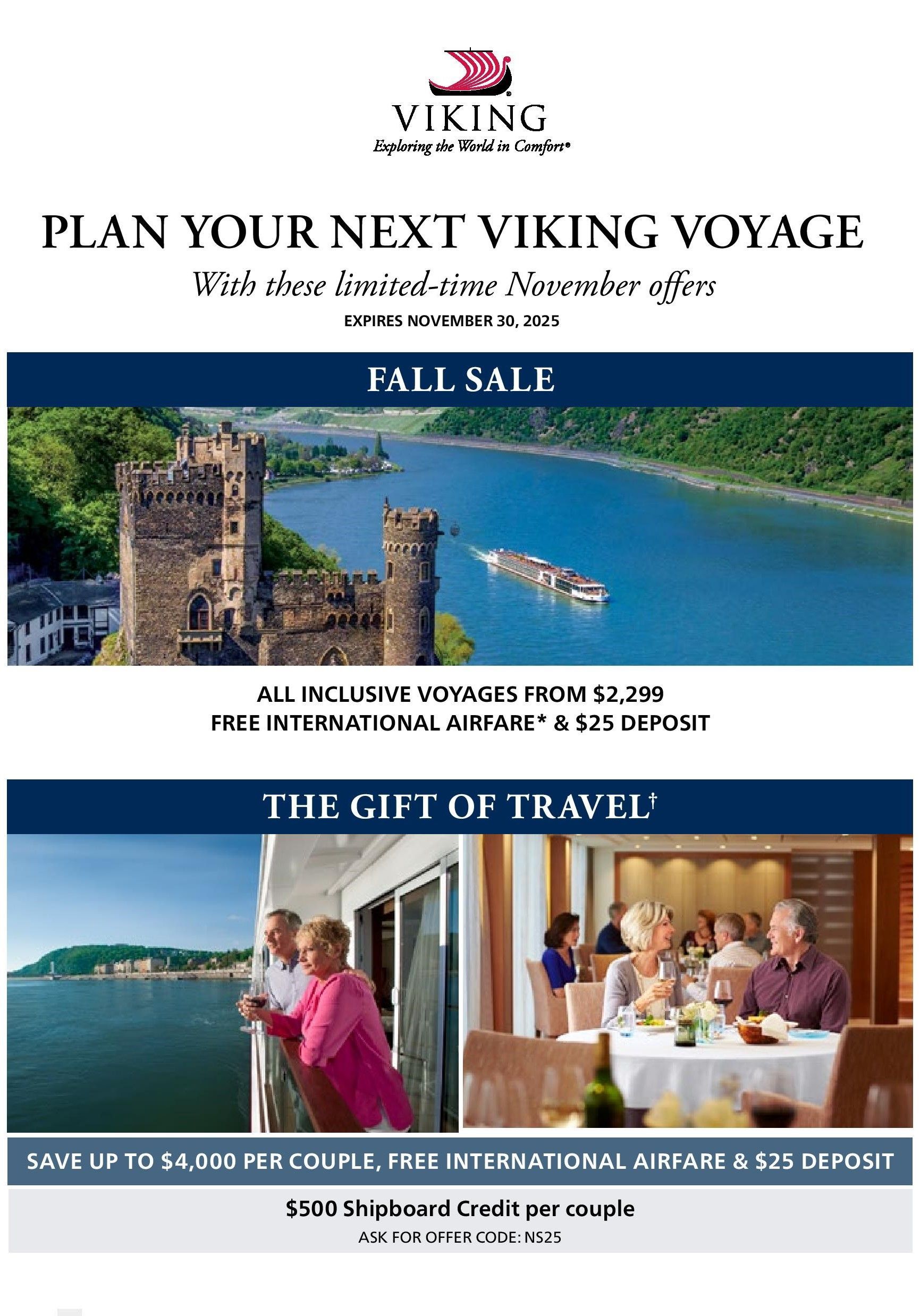 Flyer for Viking Cruises, promoting cruises with photos of a castle and passengers.