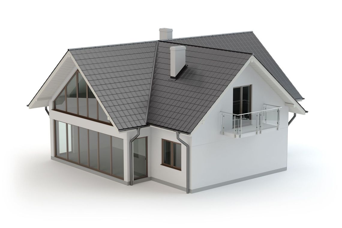 White house with gray roof, large glass windows, and a small balcony.
