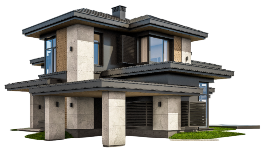 Two-story modern house with light stone exterior, dark trim, and flat roof.