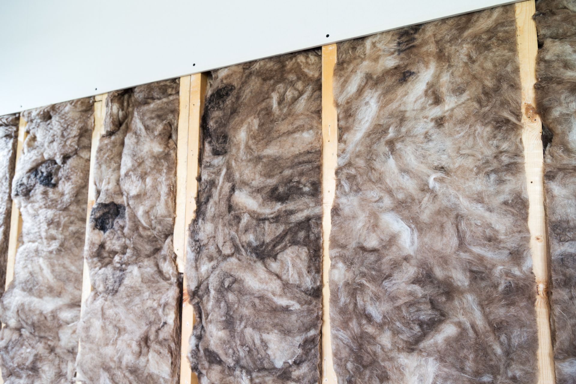 A close up of a wall with insulation and wooden beams.