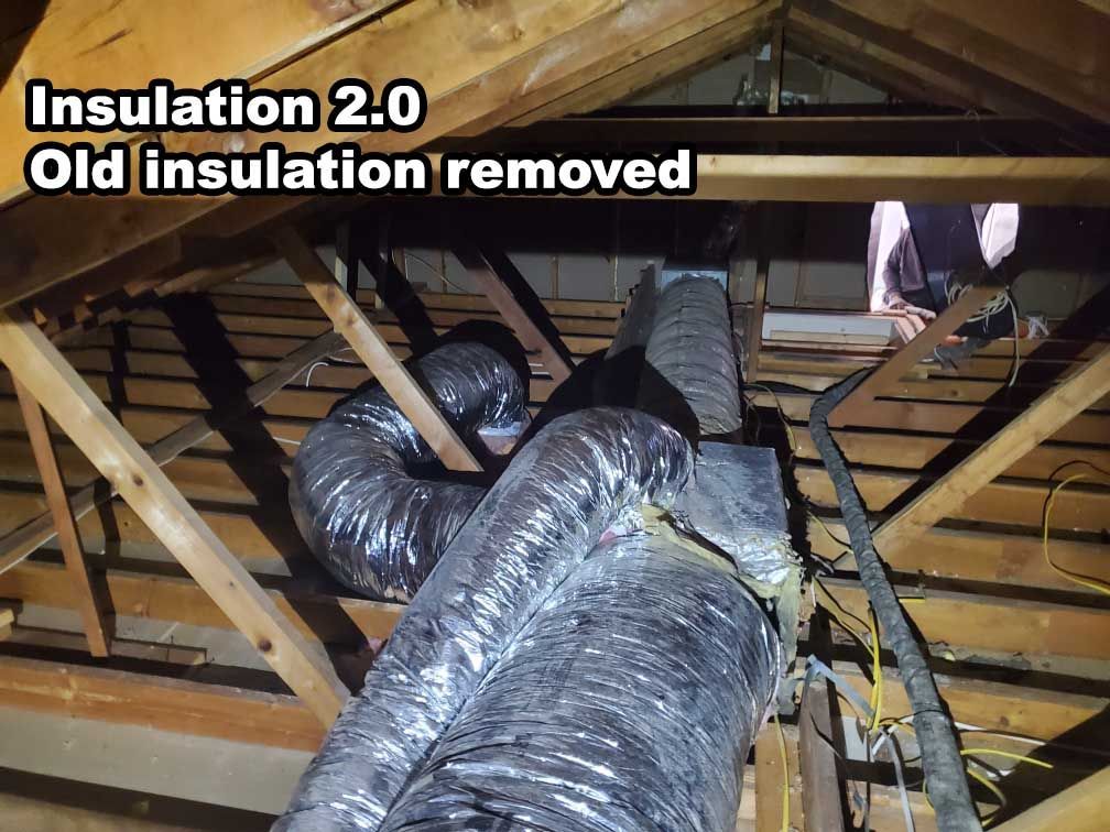 A person is working on a duct in an attic with old insulation removed.