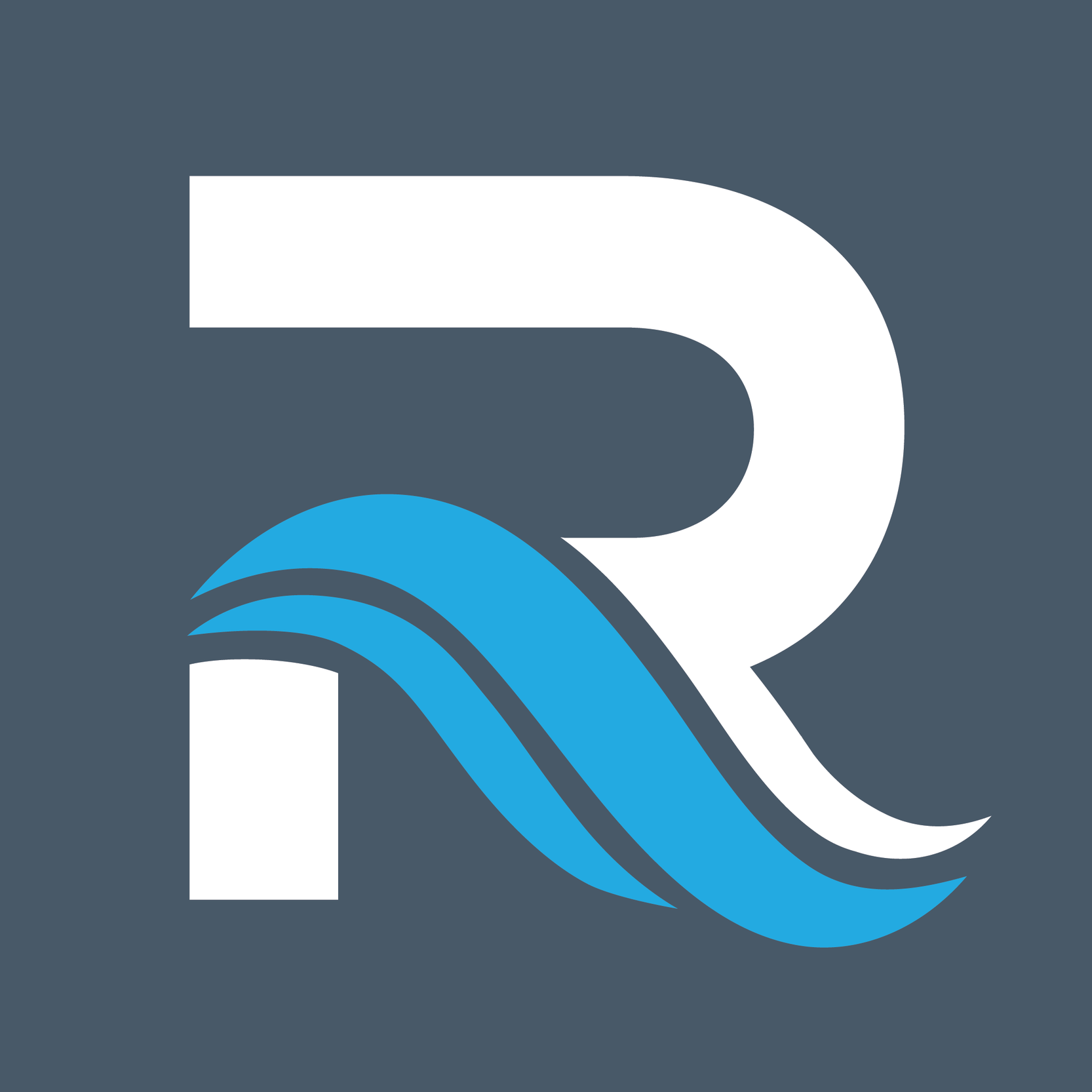 A white letter r with a blue wave behind it
