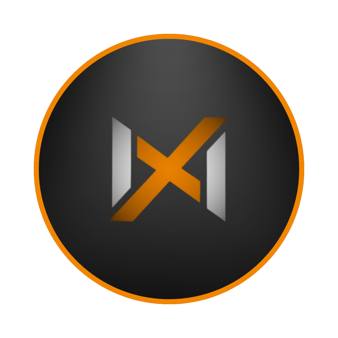 A black circle with an orange x in the middle