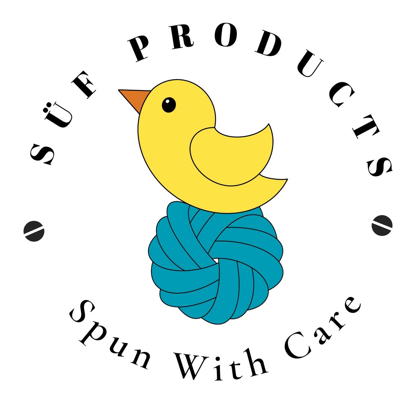 A yellow bird is sitting on top of a ball of blue yarn.