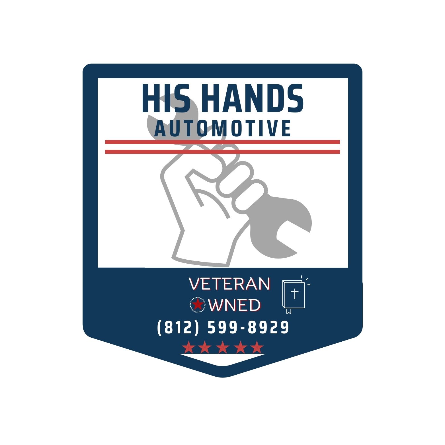 A logo for his hands automotive with a hand holding a wrench.