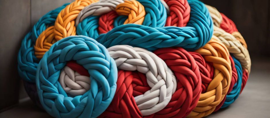 a bunch of colorful knitted pillows are sitting on top of each other on a couch .