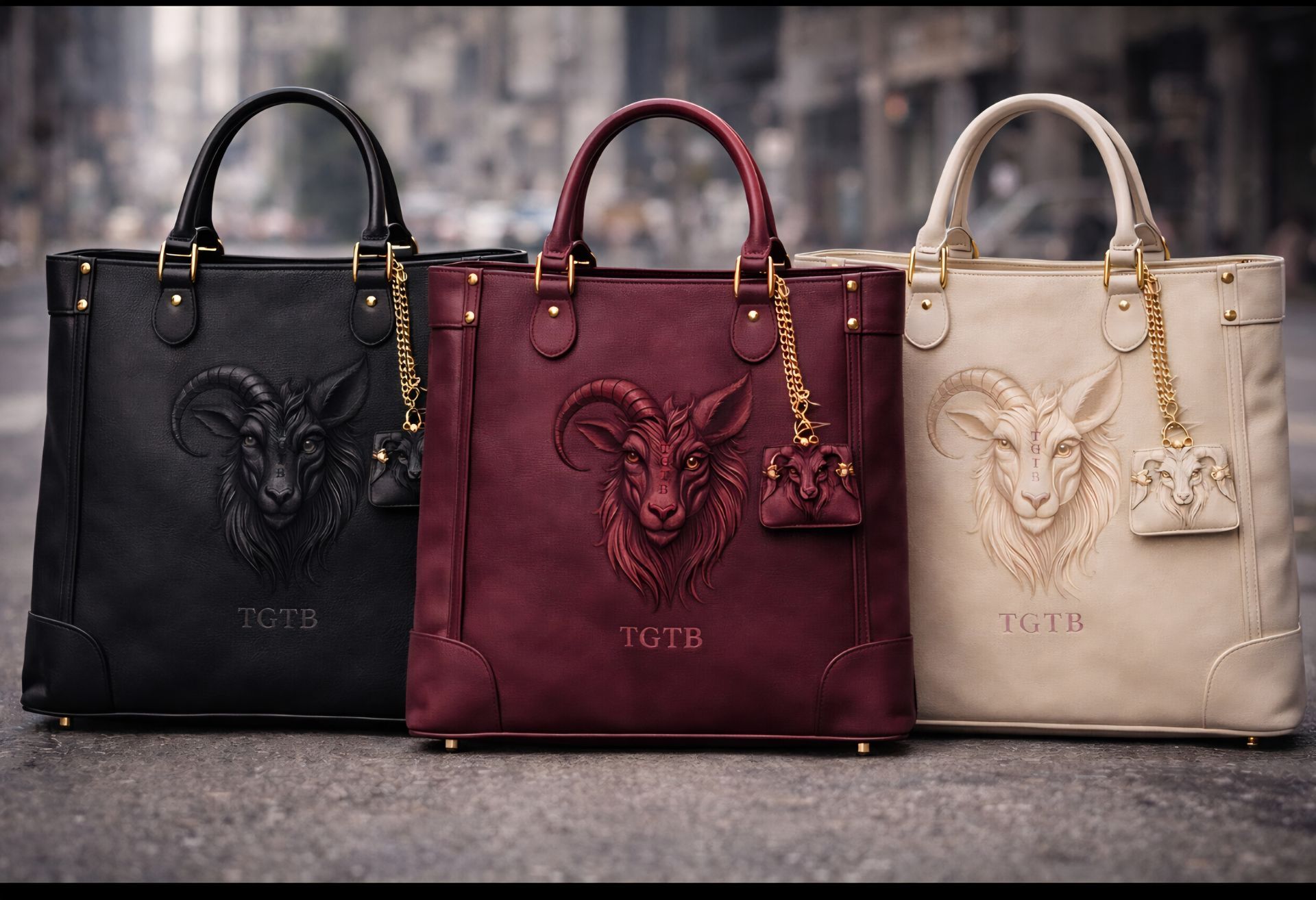 Three leather tote bags: black, burgundy, and cream, each with a goat head design and a small charm.