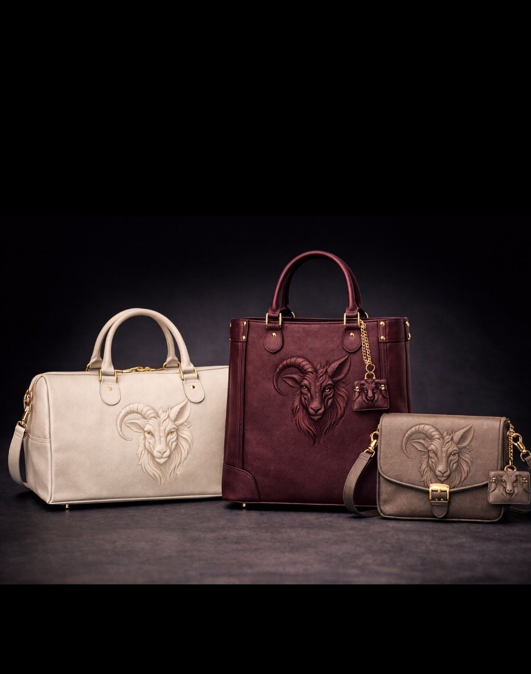 Three leather tote bags: black, burgundy, and cream, each with a goat head design and a small charm.