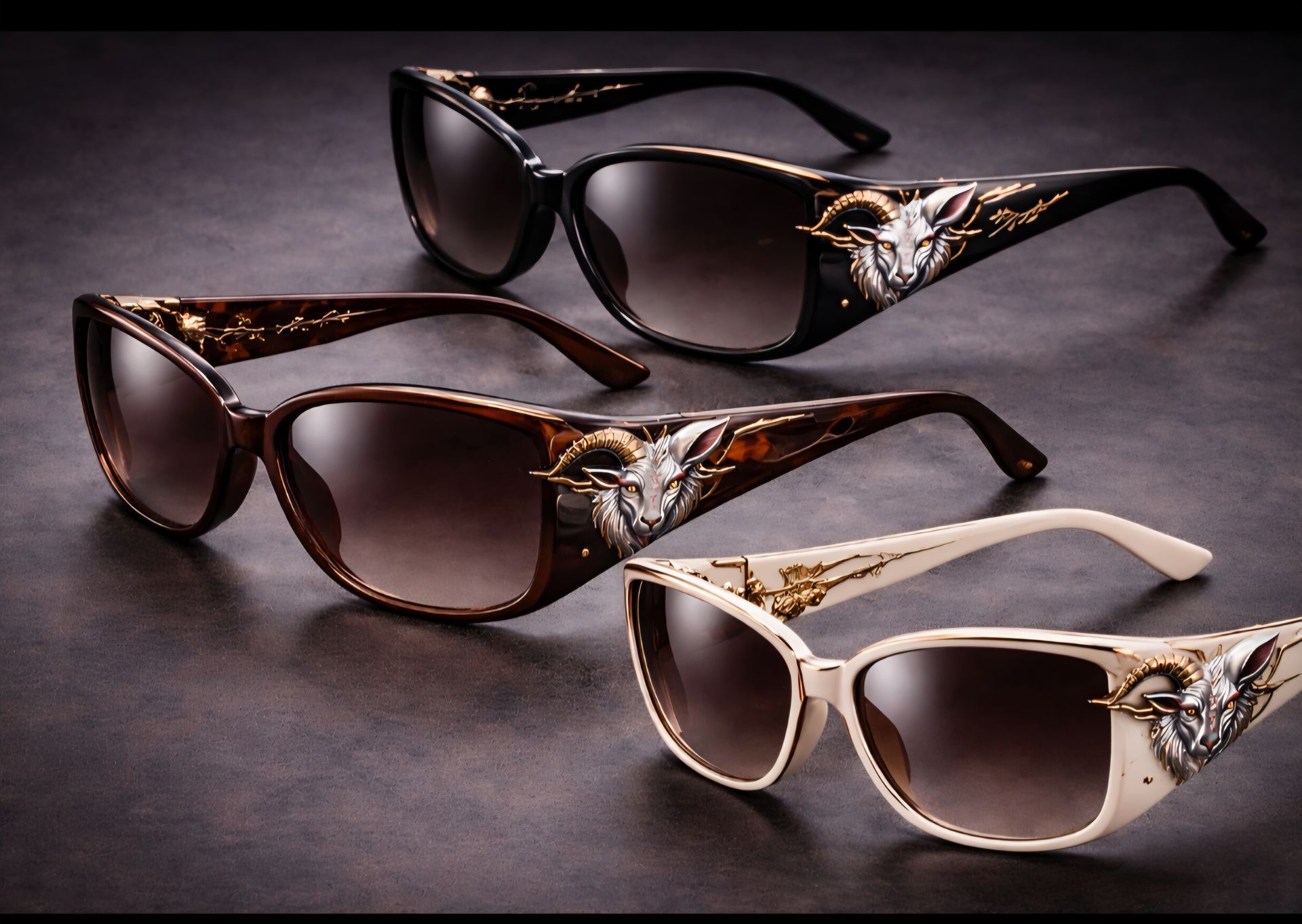 Four pairs of sunglasses with ram head decorations on the temples, in black, brown, tortoise, and cream frames.