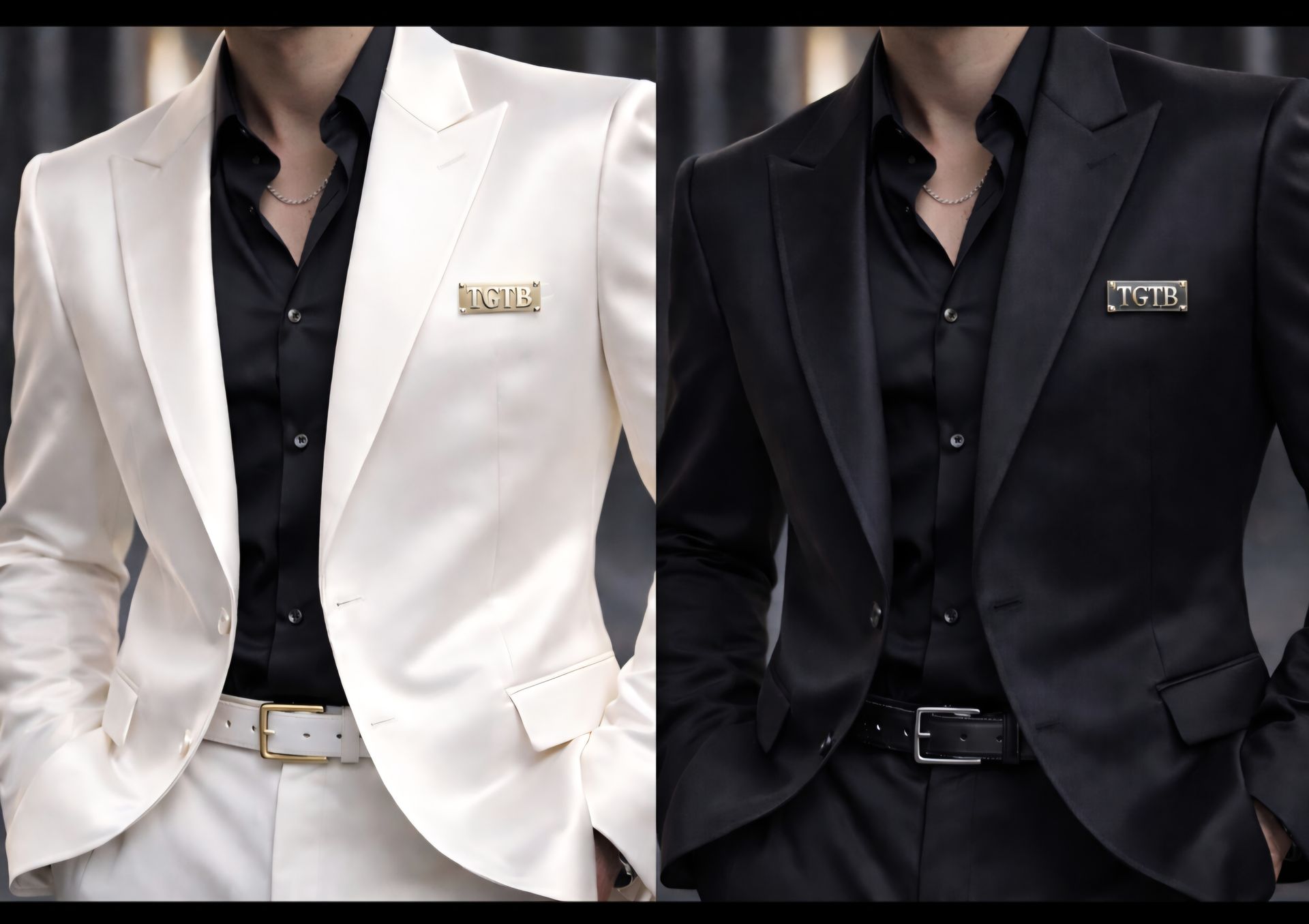 Two suit jackets, one white and one black, over black shirts. Both have a gold pin.