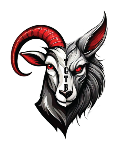 Split face: goat with red horns and eye, wolf with red eye; "TGTB" letters in middle.