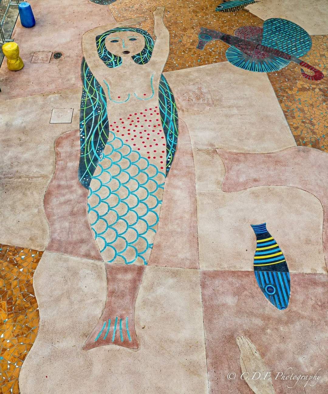 Un dipinto di una sirena e un pesce sul pavimento