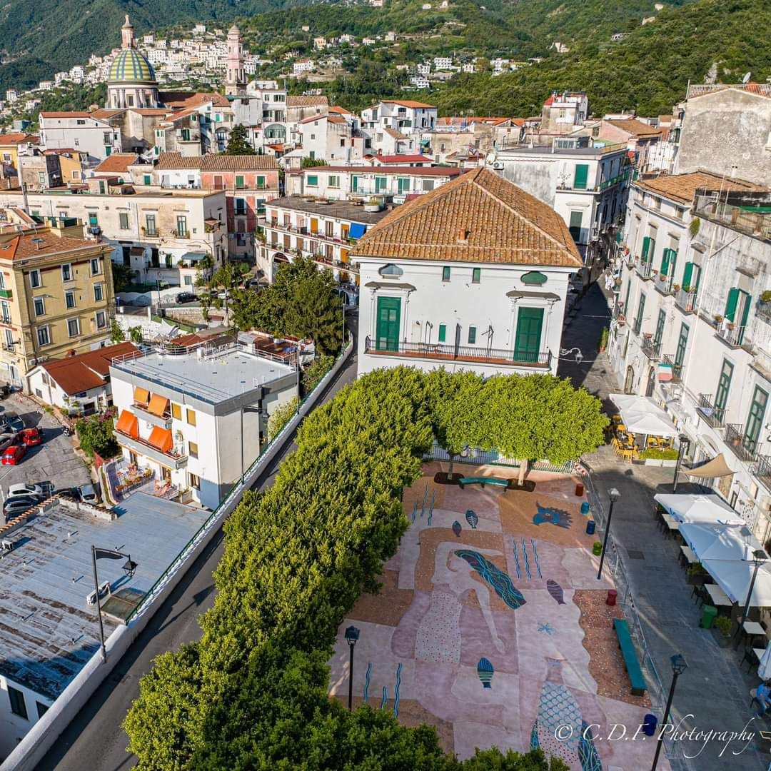 Una vista aerea di una città con molti edifici e alberi