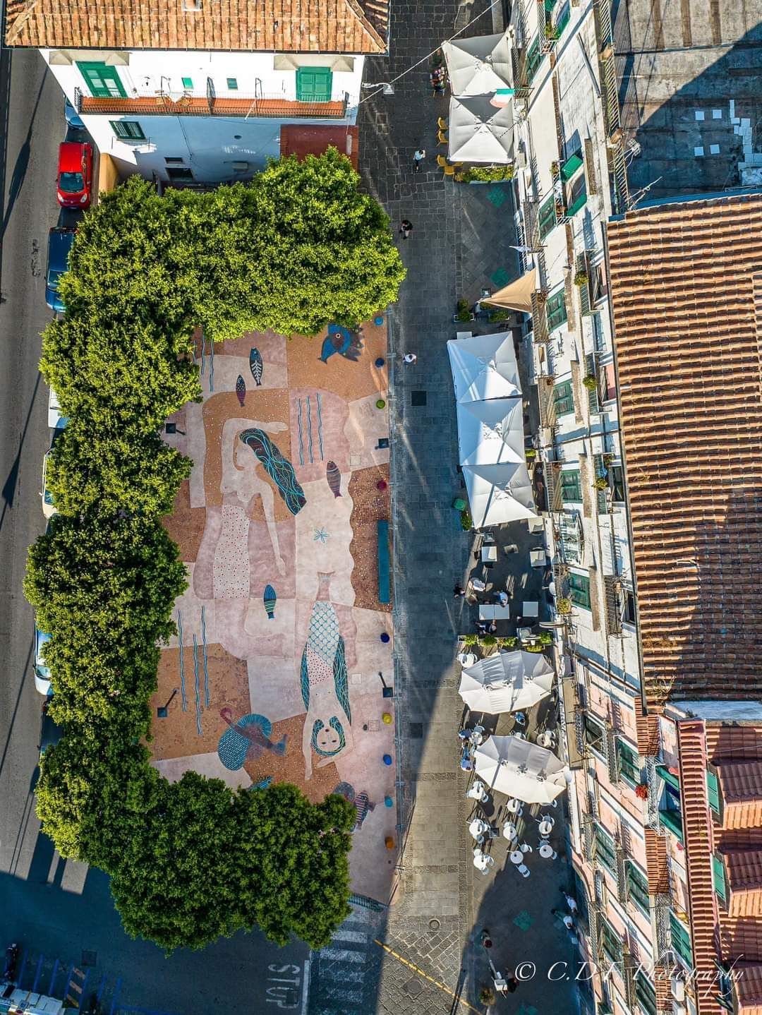 Una vista aerea di un parco circondato da edifici e alberi