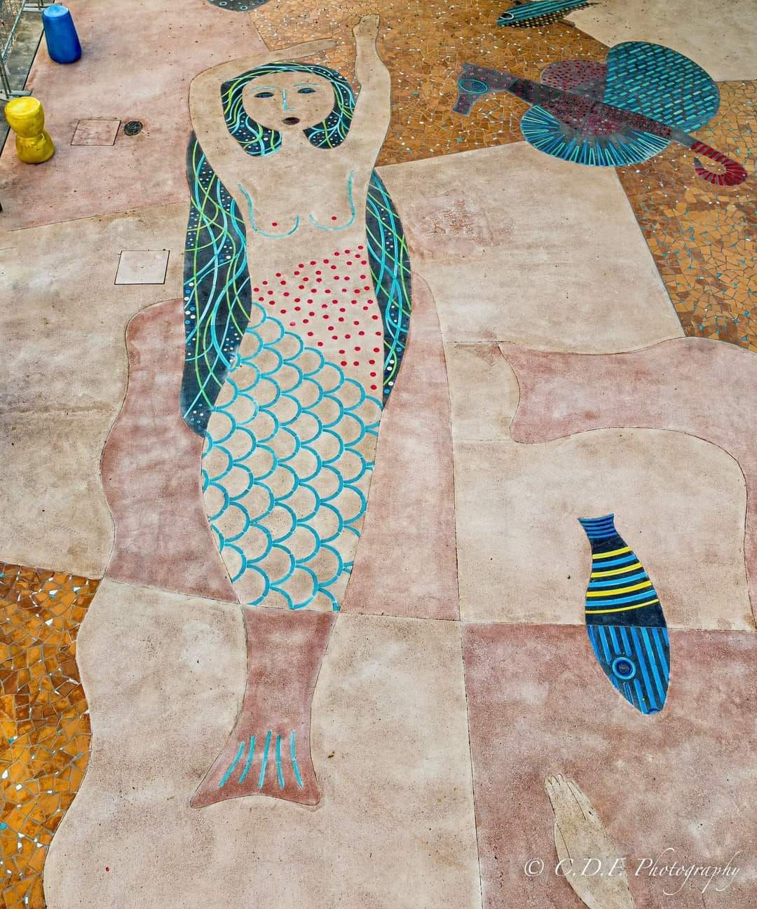 Un dipinto di una sirena e un pesce sul pavimento