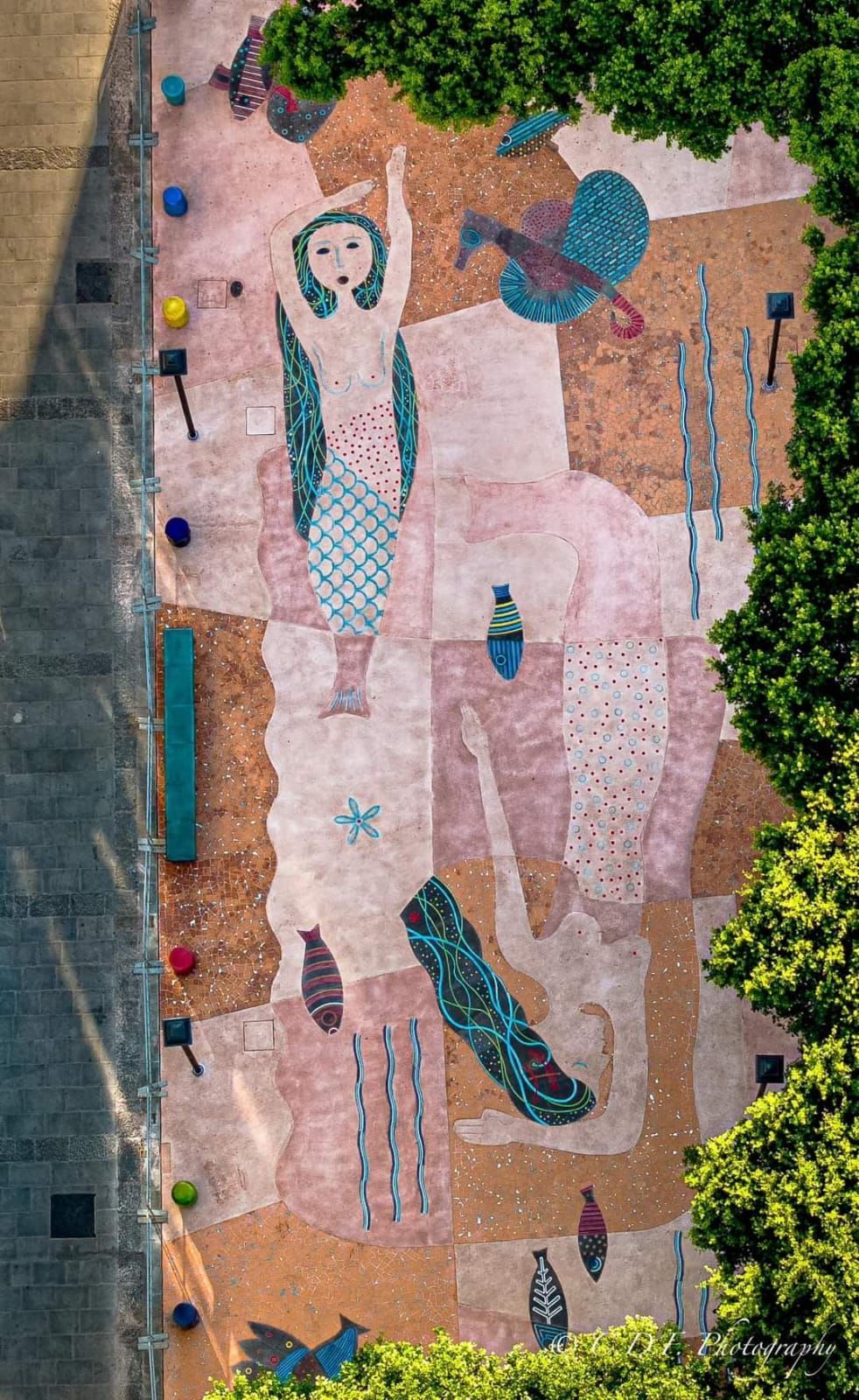 Una vista aerea di un murale sul lato di un edificio circondato da alberi.