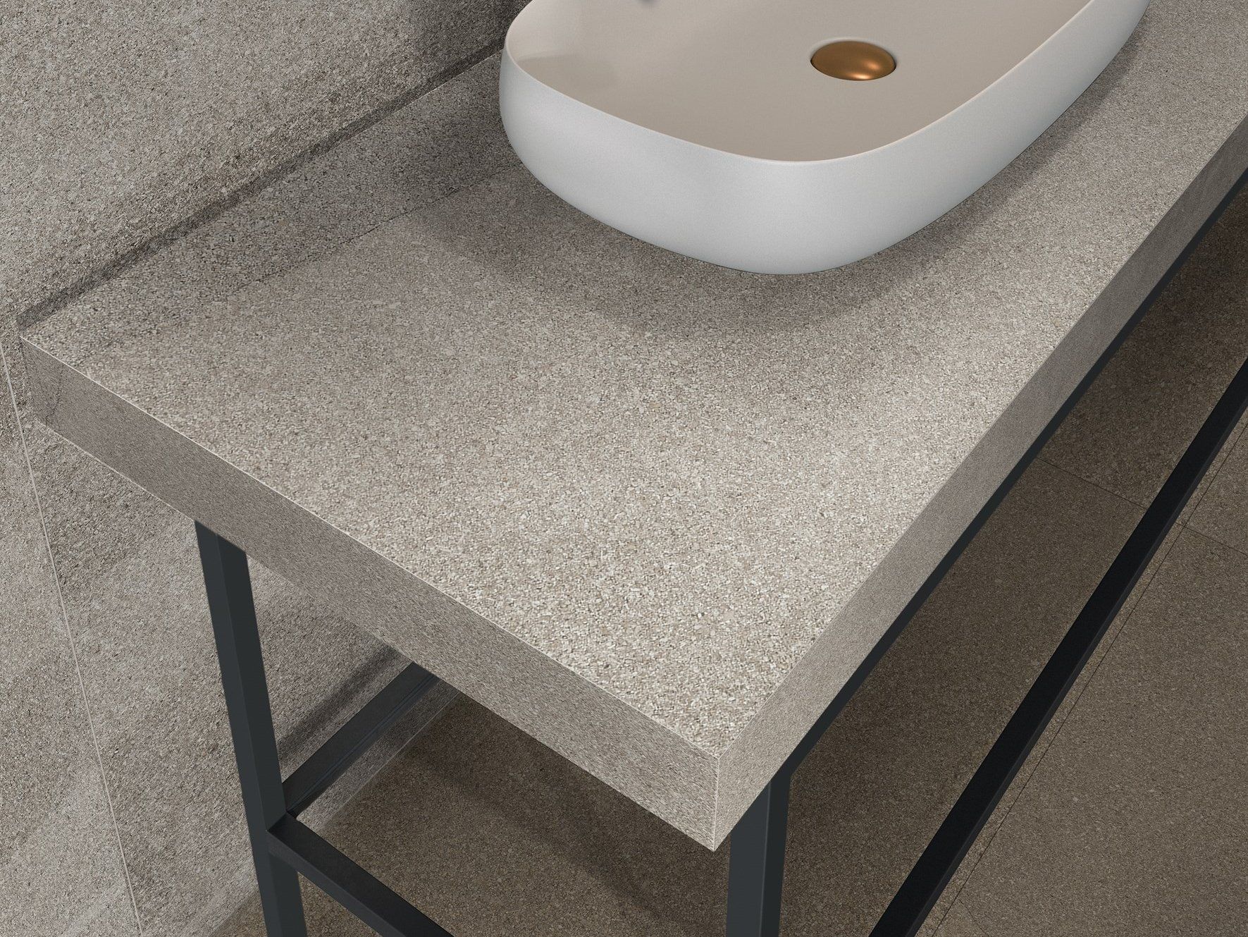 Un lavandino è appoggiato su un tavolo in un bagno.