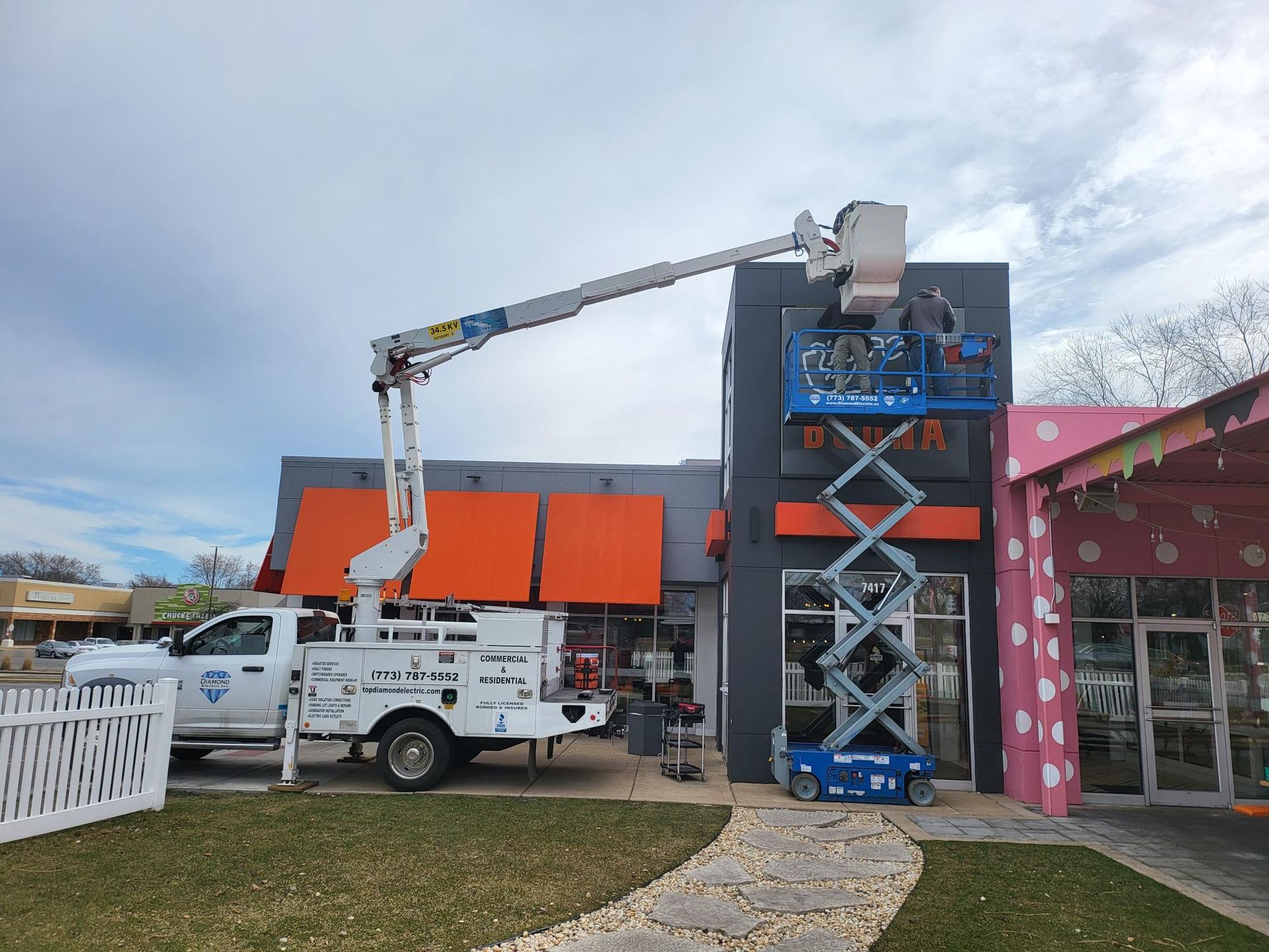 A white truck is parked in front of a building with a crane on top of it.