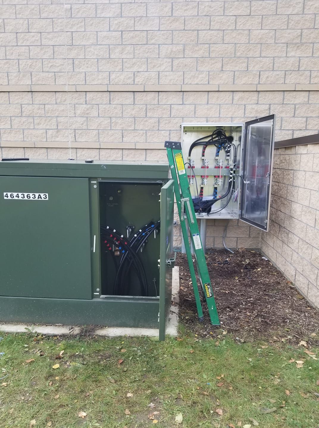 A green box with a ladder leaning against it next to a brick wall.