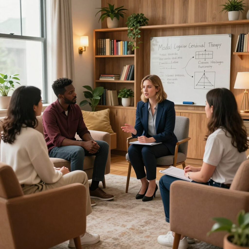 Vier mensen bespreken in een gezellig kantoor een project rond een whiteboard.
