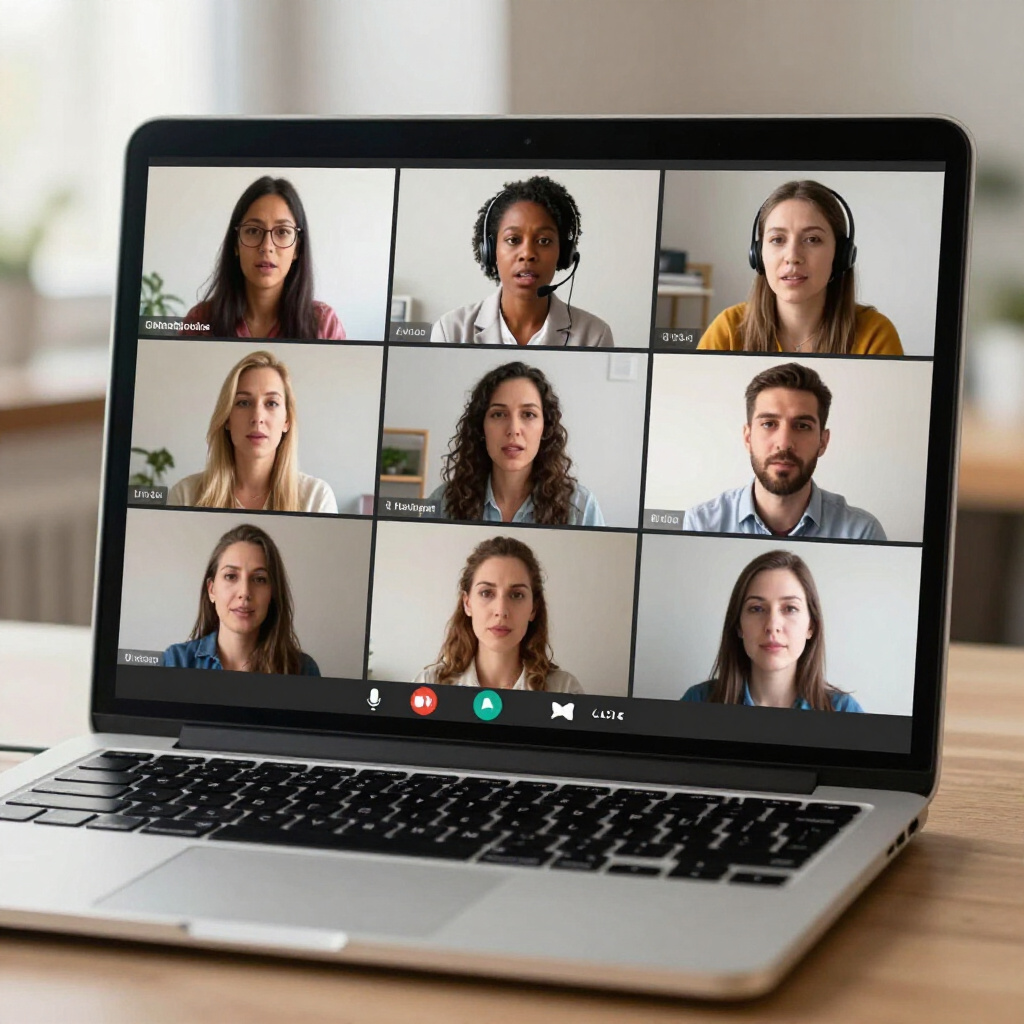 Op het laptopscherm is een 3x3-raster voor videoconferenties te zien met negen deelnemers.