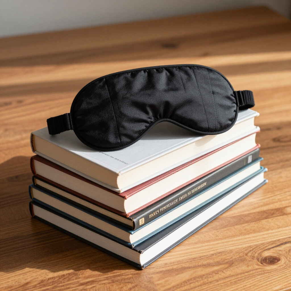Zwart slaapmasker op een stapel boeken op een houten tafel.