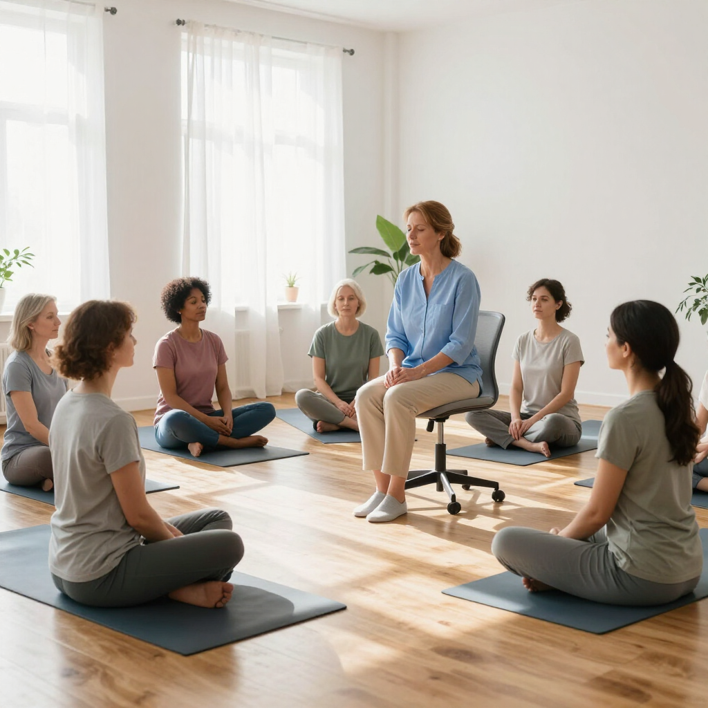Een yogales in een lichte studio, waarbij een instructeur lesgeeft aan zes deelnemers op matten.