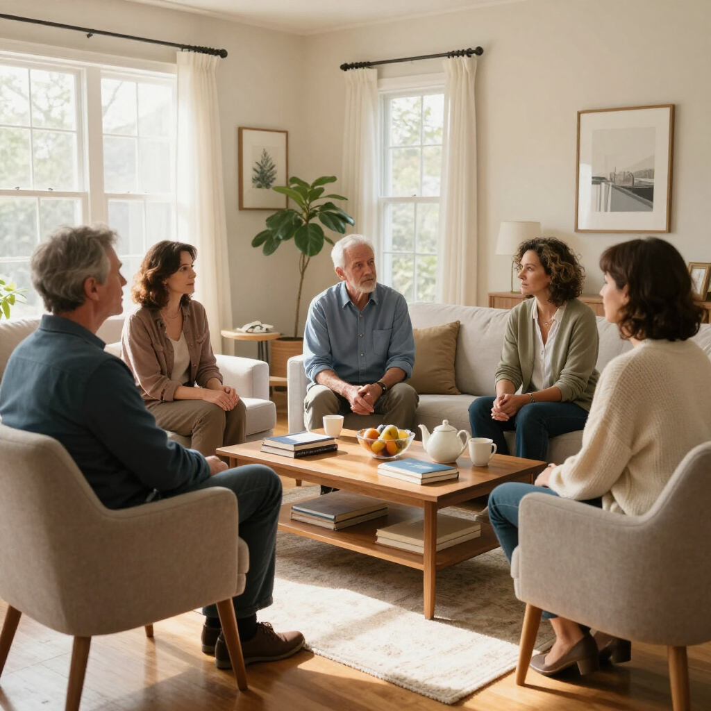 Groepsdiscussie in een lichte woonkamer rond een salontafel met notitieboekjes en theekopjes.