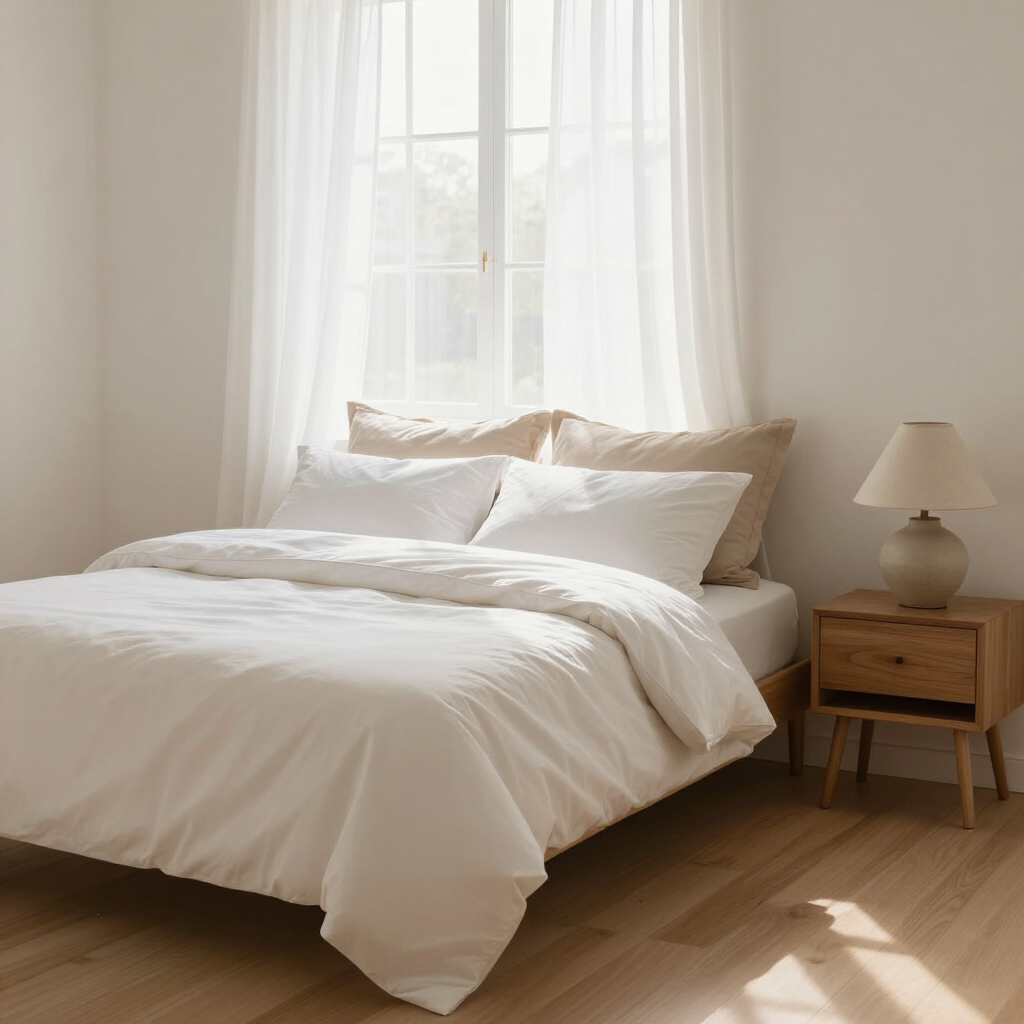 Lichte slaapkamer met wit beddengoed, een houten nachtkastje en een lamp bij een raam waar de zon op schijnt.