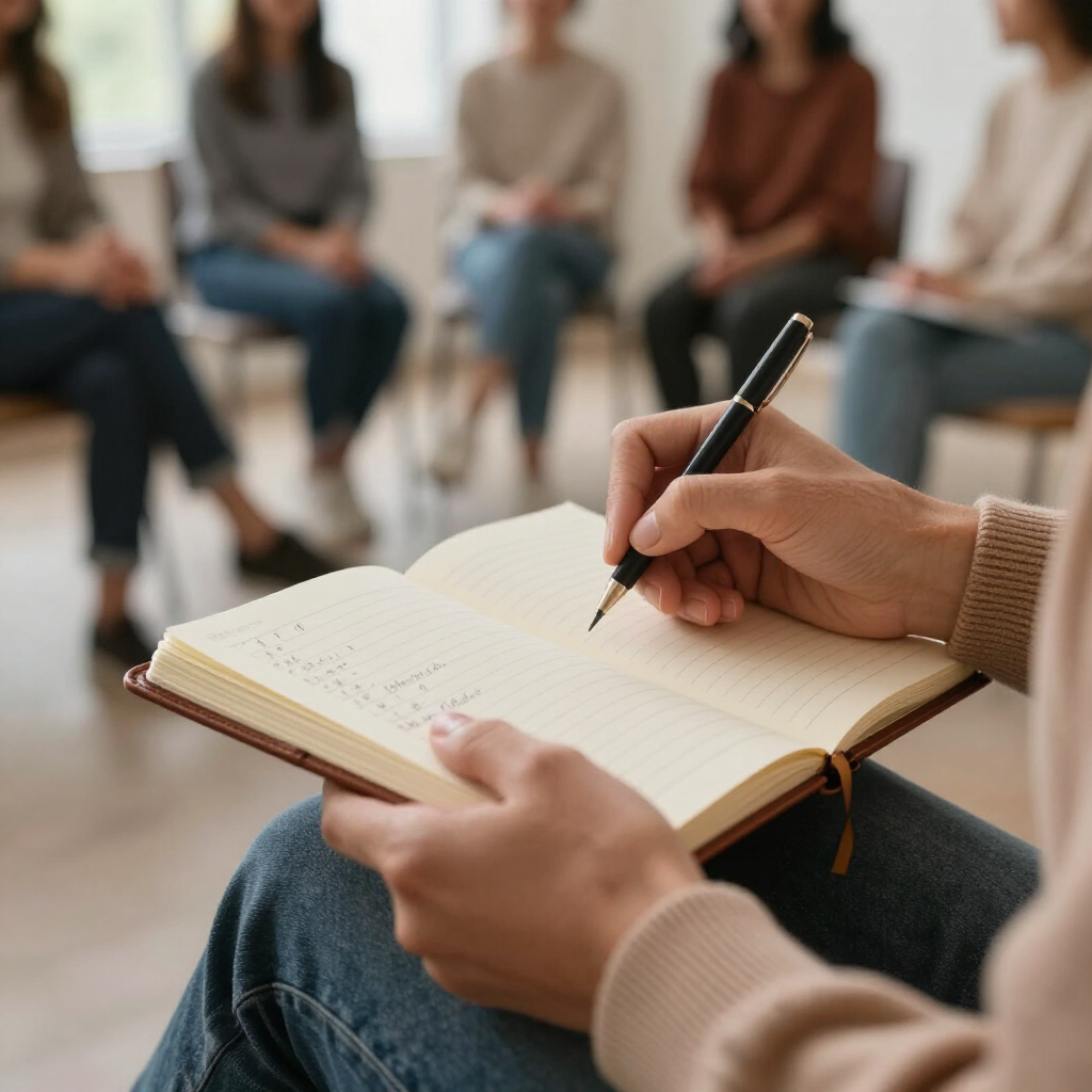 Handschrift in een open notitieboekje tijdens een discussie in een kleine groep.