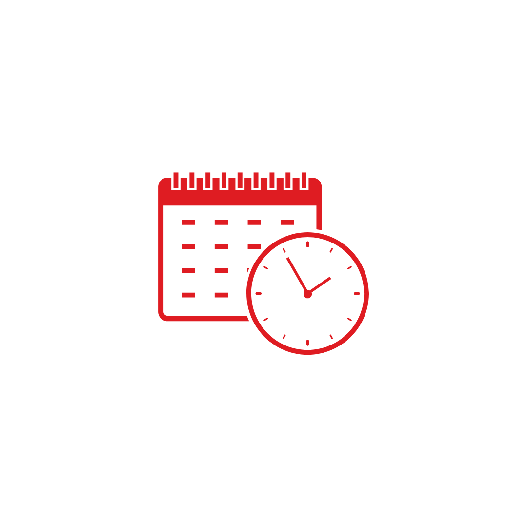 A red icon of a calendar and a clock on a white background.